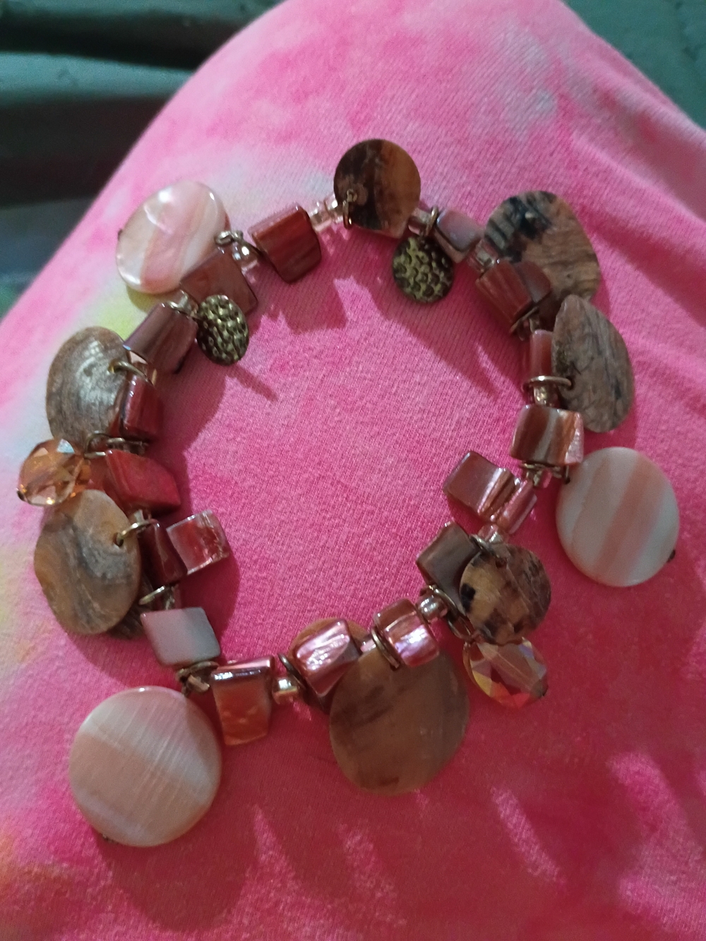 Shell and Wood Bead Stretch Bracelet - Brown and Pink